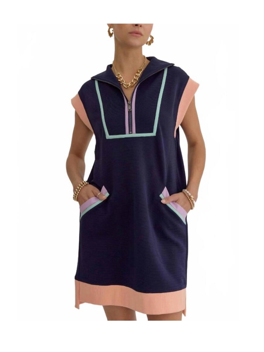 NEW ENTRO cap sleeve multi-color hem dress in navy work career